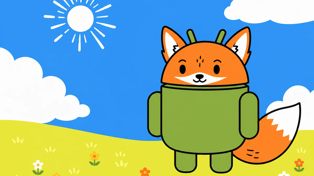 A green Android mascot with orange fox ears and a fox tail standing in a sunny meadow